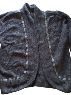 Black Gray Open-Front Knit Cardigan Embroidered Long Sleeves Soft Cozy Women's M